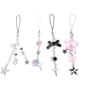 1-4PCS Cute Phone Charms Aesthetic Y2K Cellphone Charms Strap Pink Strawberry Butterfly Star Charm Y2K Accessories for Phone Bag Keychain Airpods Camera Pendants Decor