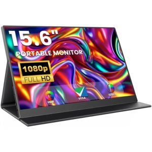 15.6 Inch Portable Computer Monitor, Portable Monitor for Laptop,PC,MacBook,Phone, PS4, 1080P FHD Display with HDMI USB-C, Built-in Speaker with Leather Case, Travel Work Home Gaming Monitors