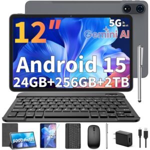 2025 12 Inch Tablet, 24GB（8+16） RAM+256 Storage(Expand to 2TB), Android 15 Tablet with Keyboard, Octa-Core, 2K 2000x1200 Display, 16MP Dual Camera, 8000mAh, 5G WiFi,GPS,Bluetooth 5.0（Silver）