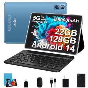 2025 Android 14 Tablet 10 inch, 22G RAM+128G ROM/1TB Expansion, 8000 mAh Battery, Octa-Core, 1280 * 800 IPS HD Screen, Face Unlock, Widevine L1, 2 in 1 Tablet with Keyboard Mouse - Metal Blue