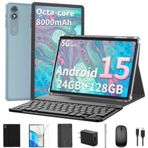 2025 Android 15 Tablet with Keyboard, 24GB+128GB+2TB Expand, 10.1 Inch Octa-Core 2-in-1 Tablets with 5G/2.4G WiFi, 8000mAh, BT5.0, GMS Certified, with Mouse, Case, Stylus, Split Screen(Black)
