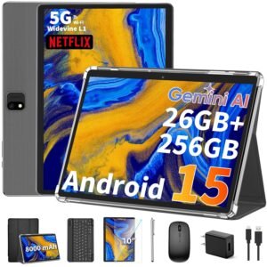 2025 Android 15 Tablet with Keyboard, 26GB(6+20)RAM+256 Storage(Expand to 2TB), 8000mAh Battery, Widevine L1, 10 Inch 2-in-1 Tablets with 5G/2.4G WiFi, BT5.0, GMS Certified, Mouse, Case, Stylus(Black)