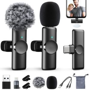 2 Packs Wireless Lavalier Microphone for iPhone 17/16/15/iPad/Android/Phone/PC/Laptop, Plug-Play Mini Mic with Noise Reduction, Lapel USB C Microphone for Video Recording, Interview, Vlogging