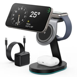 3 in 1 Wireless Charger Charging Station for iPhone,Qi2 Certified 15W Magnetic Charging Stand for Mag-Safe with 30W USB C Adapter&Friendly Night Light for iPhone 16/15/14/13/12,Apple Watch,AirPods