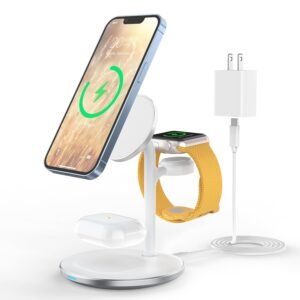 3 in 1 Wireless Charging Station for Apple Devices, 15W Fast Wireless Mag-Safe Charger Stand with 20W dapter for iPhone 17 16 15 14 13 12 Pro Max/Air/Plus/Pro/Mini,iWatch Ultra 1,2 S9/8,AirPods