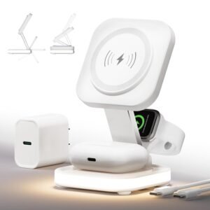 5-in-1 Magnetic Wireless Charging Stand for Apple MagSafe Charger with Night Light for iPhone 17/16/15/14/13/12, Watch, AirPods, Travel Magnetic Charger Nightstand Charging Station (Adapter Included)
