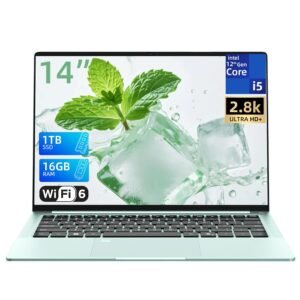 AIERXUAN 14" 2.8K FHD Slim Laptop, 8 Cores i5-12450H (Up to 4.4 GHz) 16GB DDR5 1TB NVMe SSD, 1.1kg Lightweight Laptops, 65W Fast Charge, USB4/WiFi 6, Fingerprint & Privacy Camera (Green)