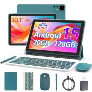 Android 15 Tablet 10 Inch, 20GB RAM+128GB ROM/ 2TB Expandable, 2.0GHz Quad-core Processor, 1280*800 IPS HD Screen, 5G WiFi 6 BT 5.0, 2 in 1 Tablets with Keyboard Case Mouse Stylus, Widevine L1