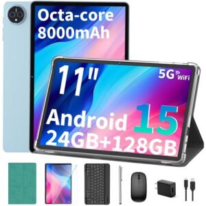 Android 15 tablet with keyboard, 11 inch tablet with 24GB RAM+128GB ROM(2TB Expand), 8000mAh Battery, 2.4G/5G WiFi, 5MP+13MP Dual Camera, Widevine L1, Octa-core, Mouse, Stylus, Case(Green Case)