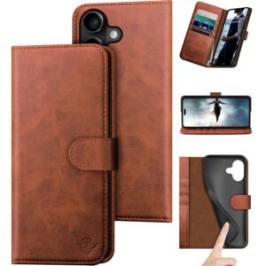 Compatible with iPhone 17 6.3" Genuine Leather Wallet case【RFID Blocking】【4 Credit Card Holder】【Real Leather】 Flip Phone case Cover Women Men for Apple 17 case Light Brown