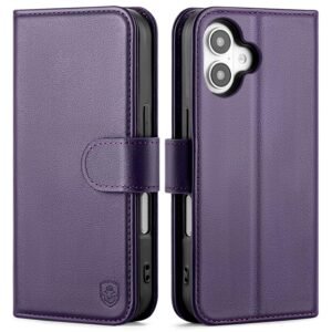 Compatible with iPhone 17 Genuine Leather Case Wallet with Card Holder,Women Men Real Leather Flip Folio RFID Blocking Credit Card Slots Stand Phone Cover,for Apple 17 6.3",Purple