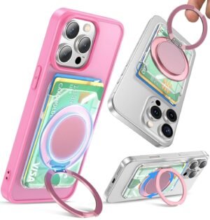 Compatible with Magsafe Wallet 2 Cards Holder Magnetic Phone Stand Ring Mount 360 Adjustable Desk Girly Stand Ultra-Slim Fit for iPhone 16/15/14/13/12 Pro Plus Mini (Pink)