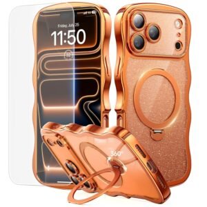 Domaver 3 in 1 for iPhone 17 Pro Max Case with 360° Spin Stand, [Compatible with Magsafe][DIY Glitter Cardstock+Screen Protector], Cute Wave Plating Glossy Stylish Women Girls Case 6.9", Cosmic Orange
