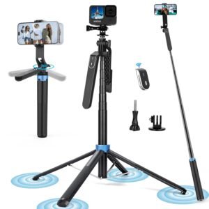 Eocean 71" Tall Selfie Stick Tripod Quadripod with Remote & with 360° Ballhead, Aluminum Alloy Extendable Cell Phone Tripod Stand, Travel Tripod Phone Holder Compatible with iPhone/Android/GoPro