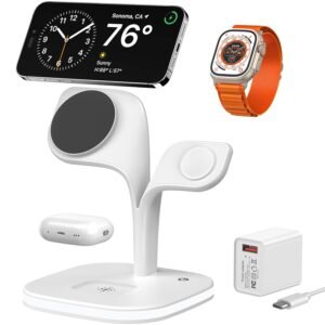 EXW for Magsafe Charger Stand,Charging Station for Multiple Devices,Wireless Charger for iPhone 16/15/14/13/12 Series,Apple Watch Series 1-9/Ultra,AirPods Pro with LED and Adapter (White)