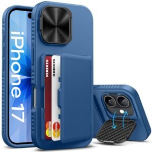 for iPhone 17 Case with Card Holder, Built-in Stand & Camera Lens Cover, Shockproof Rugged Silicone Bumper Raised Edge Protective Wallet Phone Case for iPhone 17 6.3" 2025, Blue
