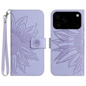 Generic Case for Apple iPhone 17 Pro (Color: Light Purple) Sunflower Embossed Flip Leather Magnetic Back Case Strap
