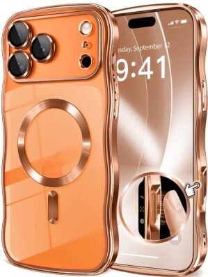 GVIEWIN for iPhone 17 Pro Max Case [Compatible with MagSafe][Upgraded Full Camera Protection][Cute Wave Frame] Plating Slim Shockproof Protective Magnetic Phone Case for 17 Pro Max 6.9'', Clear/Orange