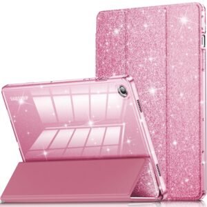 INFILAND Galaxy Tab A9 Plus 5G Case, Glitter Leather Cover with Sparkly Clear Back for Samsung Galaxy Tablet A9+/A9 Plus 11 Inch 2023 Model (SM-X210/X216/X218)[Auto Wake/Sleep] for Girls Kids Pink