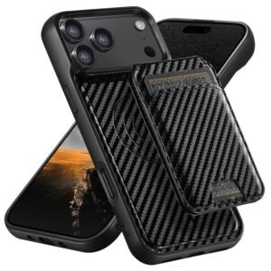 Magnetic Case for iPhone 17/17 Air/17 Pro/17 Pro Max, Detachable Wallet Cover with Kickstand Function Carbon Fiber Pattern Leather Case Black