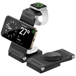 Magnetic Wireless Charger Stand, 3 in 1 Foldable Wireless Charging Station, Travel Charger for Multiple Devices for iPhone 16 15 14 13 12 Series, Apple Watch Ultra/9/8/7/6/5/4/3/2, AirPods