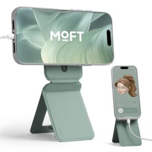 MOFT Phone Stand, Magnetic Phone Tripod Stand Stain-Resistant MOVAS Leather & Angle Adjustment & Strong Magnets Tripod for iPhone 17/16/15/14/13/12 (Included Metal Ring)-Seafoam