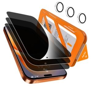QHOHQ [1-Second Auto-Install] 3 Pack Privacy Screen Protector for iPhone 17 Pro Max + 1 Set Camera Lens Protector, 25° Anti Spy Tempered Glass, [12FT Military Grade Shatterproof], Case Friendly