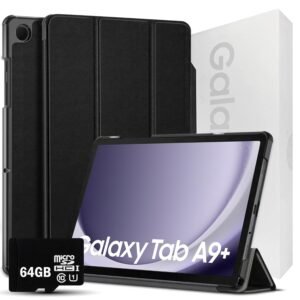 Samsung 2024 Galaxy Tab A9+ 11” 128GB 5G | Android 13 WiFi Touchscreen International | Big Screen, Quad Speakers, Slim | Tablet Bundle - Hard Back Trifold Stand Case + 64GB SD Card (Grey) | MdTec