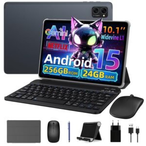 Tablet 10 Inch Android 15, Android Tablet with Pen and Keyboard, Gemini Ai 2.0, 24GB +256GB/2TB, 8MP AI Camera, Widevine L1, Fast Charge, 2 in 1 with Mouse and Stand, 2 Year Warranty