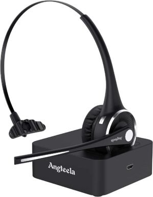 Trucker Bluetooth Angteela Headset with Microphone, Wireless Cell Phone Headset with Noise Canceling Mic Charging Base Mute Function for Home Office Call Center Skype