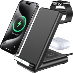 Wireless Charging Station,3 in 1 Charging Stand Made for Apple Watch Ultra 11 10 9 8 7 6 SE 5 4 3,Fast Wireless Charger Made for iPhone 17/Air/16/15/14/13/12,for AirPods Pro(with Adapter) (Black)
