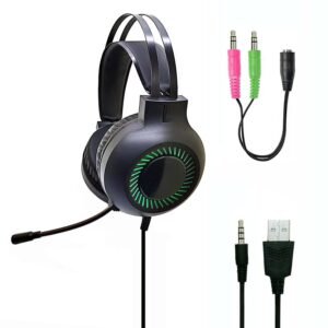 Gaming Headset with RGB LED Lights, Stereo Sound, Adjustable Mic, USB and 3.5mm Audio, Black