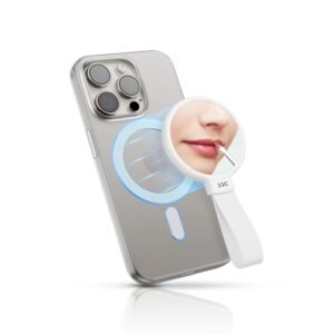 JJC Magnetic Phone Makeup Mirror for iPhone 17 16 15 14 13 12 Magsafe Case & All Phones, 2.2 inch Round Cell Phone Mirror Decal with Soft Silicone Ring Grip for Make Up, 1X Magnification and Compact