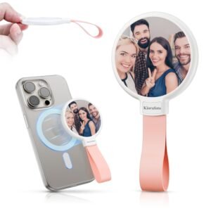 Magnetic Selfie Mirror for iPhone,Compact Flat Phone Mirror for Back Camera with Phone Grip Compatible with iPhone 17 16 15 14 13 12 Pro Max Plus,Mag-Safe Case & All Phones,for Selfie Streaming PINK