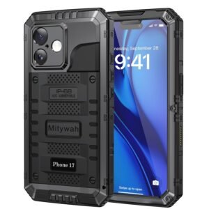 Mitywah Waterproof Case for iPhone 17, Rugged Metal Case with Built-in Screen Protector, Heavy Duty Full Body Shockproof Protective Cover 6.3 inch, Black