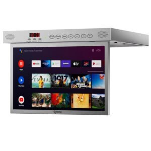 SYLVOX 15.6" Under Cabinet Smart TV – 360° Rotation, 90° Flip-Down Screen, Wireless Connectivity, Space-Saving Design for Kitchen, Bedroom, or RV. (Metallic Silver)