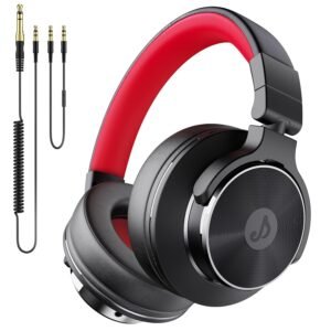Wired Over Ear Headphones, Studio Monitor & Mixing DJ Headphones with 50mm Neodymium Drivers and 1/4 to 3.5mm Jack for Guitar AMP Podcast Piano Keyboard (Black-Red)