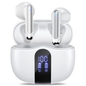 Wireless Earbuds, 2025 Bluetooth 5.4 Bass Stereo Headphones with 4 ENC Mic, 50H Playback Ear Buds with Charging Case LED Display,Sport Earphones IPX7 Waterproof for Phone, Android, Pad, White