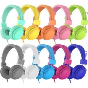 AILIHEN Classroom Headphones Kids 10-Pack for School Student K-12, On-Ear Premium Bulk Wired Headset with Mic, 85dB Volume Limited & SharePort, 3.5mm Jack for Chromebook, Computer, Laptop (Multicolor)