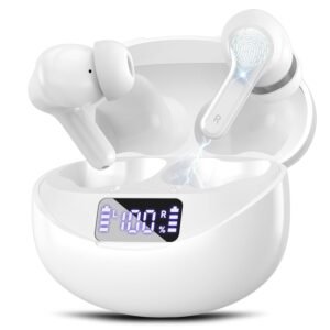 Wireless Earbuds, Bluetooth 5.4 HiFi Stereo Headphones with Noise Cancelling Mic, 50H Playback in Ear Buds with LED Digital Display, IPX7 Waterproof Earphones for Office/Running/Workout White
