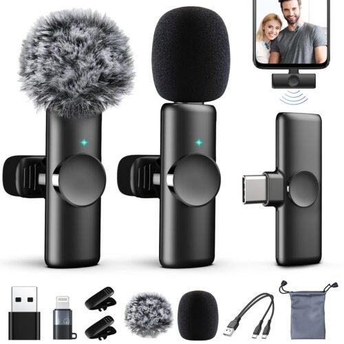 2 Packs Wireless Lavalier Microphone for iPhone 17/16/15/iPad/Android/Pho