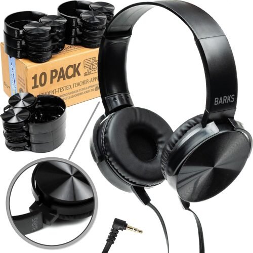 Barks Classroom Headphones (10 Pack, Stealth) – On-Ear Premium Student Bulk Headphones: Perfect for Kids