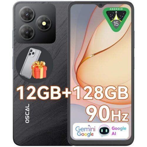 OSCAL Android Phones Unlocked for T-Mobile, Flat 2 Android 15 Phone(2025), 12(4+8)+128GB/2TB TF Octa Core, Dual SIM Phones Unlocked, 5000mAh, 90Hz, 6.56″ HD+ Screen, 4G/GPS/Fingerprint/Face ID-